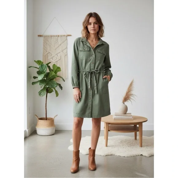 LOFT Olive Green Utility Shirt Dress with Tie Waist - Picture 2 of 5